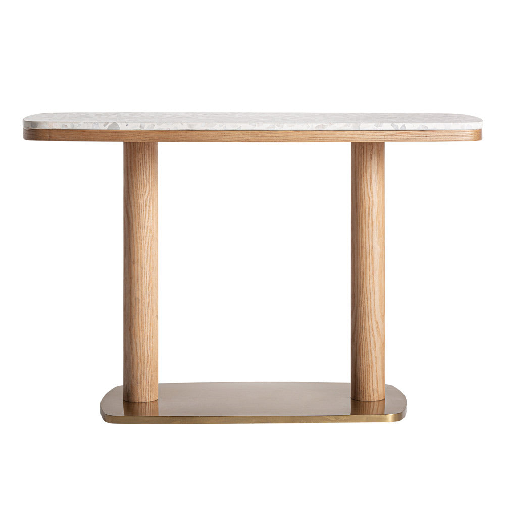 Birieux terrazzo asztallapos bisztróasztal – frontális nézet, tölgyfa lábakkal és aranyszínű talapzattal