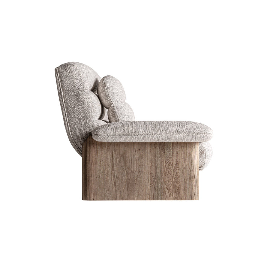 Jacquard kanapé oldalnézet – párnázott háttámla és natúr szilfa szerkezet részlete