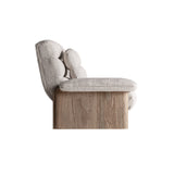 Jacquard kanapé oldalnézet – párnázott háttámla és natúr szilfa szerkezet részlete