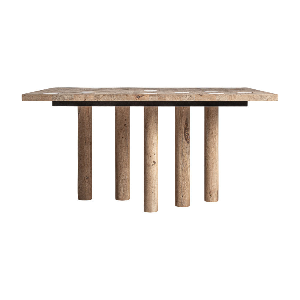 Jacquard étkezőasztal tömör mangófával és traventin kőbetétekkel – frontális nézet