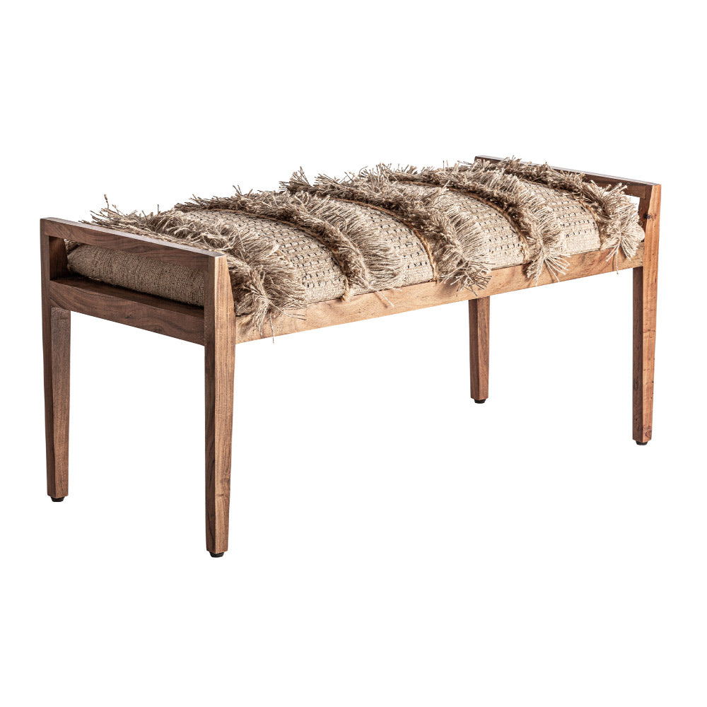 Törzsi ihletésű kárpitozású mangófa pad – perspektivikus nézet, boho–kortárs megjelenés