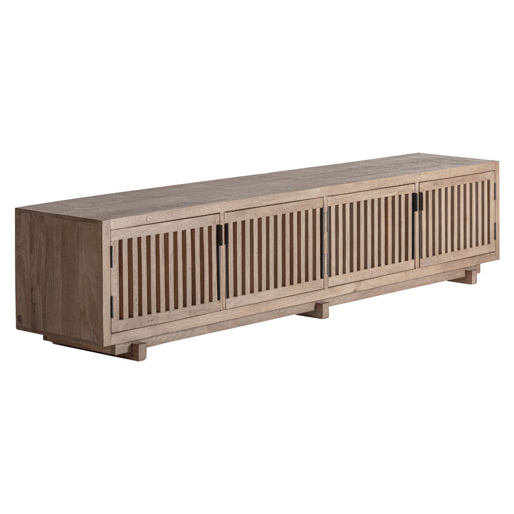 Gàbia natúr mangófa TV-állvány lamellás ajtófronttal, világosbarna felülettel