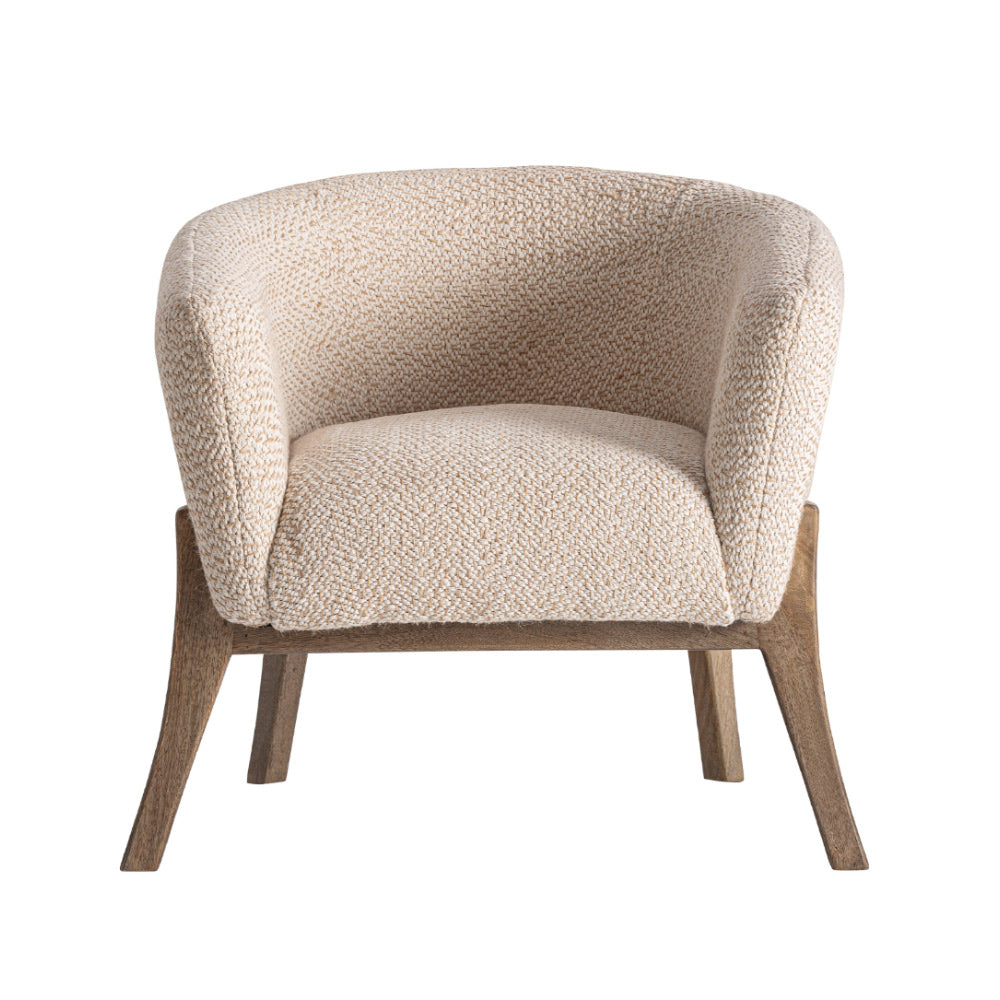 Liermo fotel elölnézet – világosbarna pácolt mangófa váz, natúr jutaszőttes kárpit