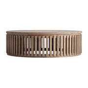 Kortárs mangófa dohányzóasztal – léces oldalszerkezet, frontális nézet