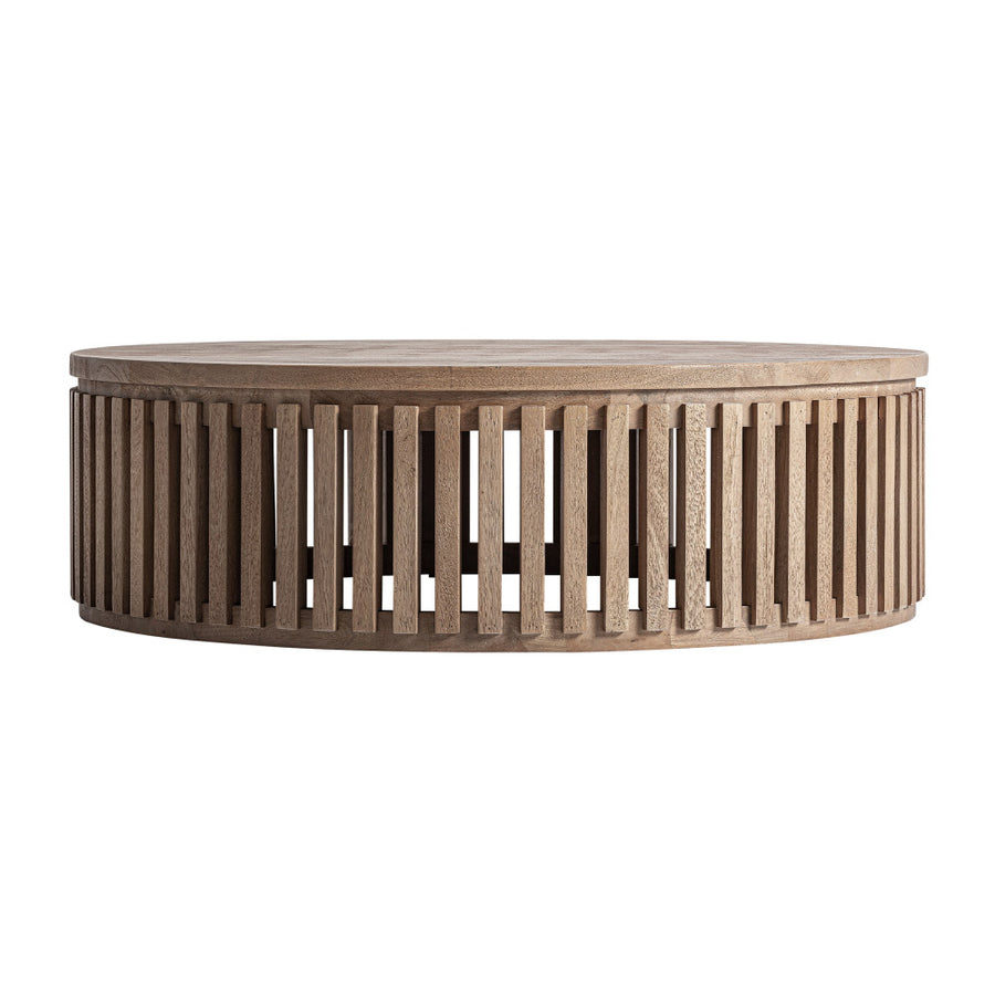 Kortárs mangófa dohányzóasztal – léces oldalszerkezet, frontális nézet