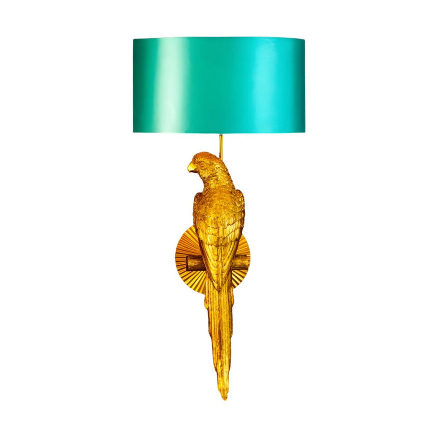 Aranyszínű papagáj figurés, trópusi, glamour stílusú falilámpa, türkizszínű lámpaernyővel.