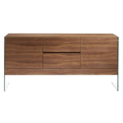 Kortárs stílusú, diófa furnérral borított, dizájn komódszekrény edzett üveg lábakkal.