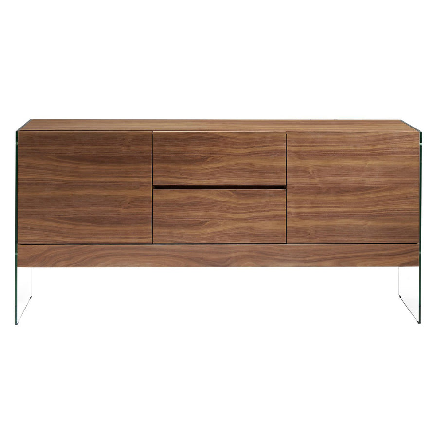 Kortárs stílusú, diófa furnérral borított, dizájn komódszekrény edzett üveg lábakkal.