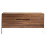 Kortárs stílusú, diófa furnérral borított, dizájn komódszekrény edzett üveg lábakkal.