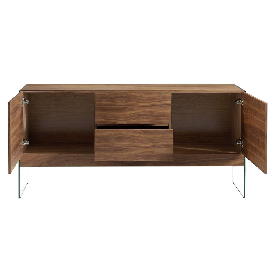 Kortárs stílusú, diófa furnérral borított, dizájn komódszekrény edzett üveg lábakkal.