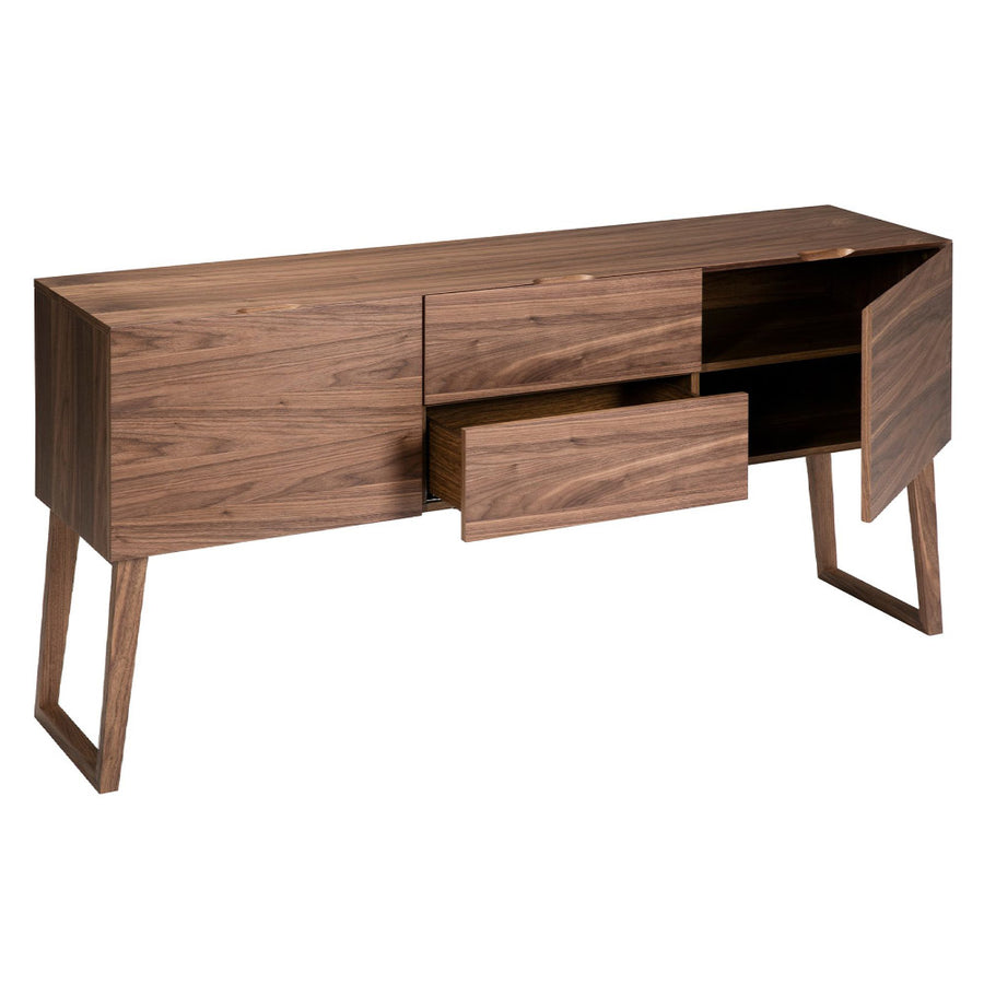 Kortárs stílusú, diófa furnérral borított, dizájn komódszekrény.