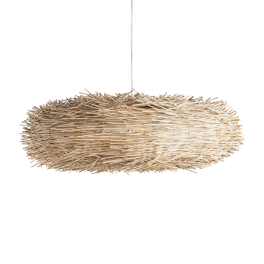 Fészek formájú kézműves design függeszték lámpa rattanból.