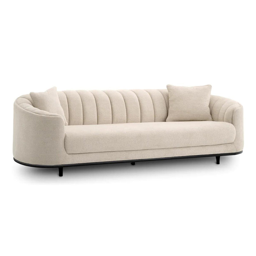 Bézs színű szövettel kárpitozott, 3 személyes dizájn kanapé .