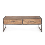 Akácfából és acélból készült dohányzóasztal két fiókkal.