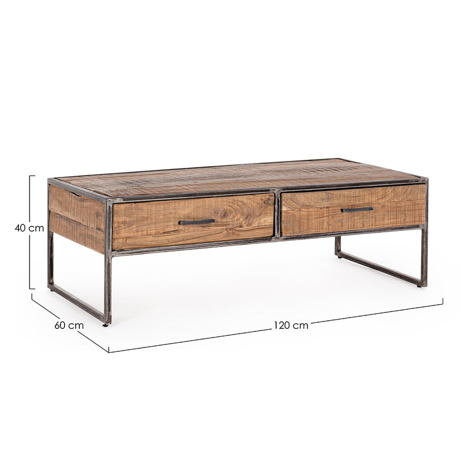 Akácfából és acélból készült dohányzóasztal két fiókkal.