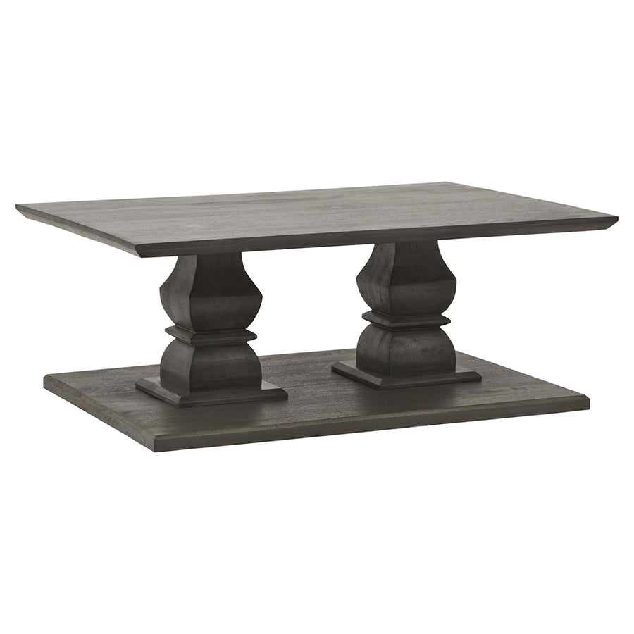 Mélyszürke színű páccal kezelt, kortárs stílusú dohányzóasztal.