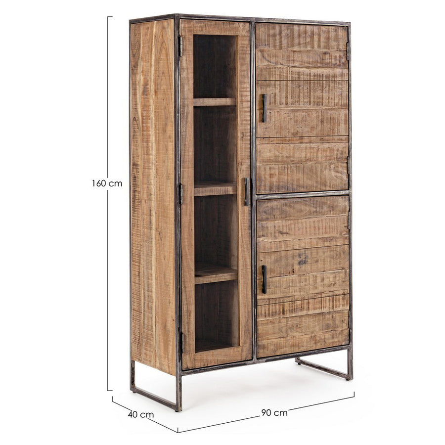 Akácfából és acélból készült vitrines tároló.