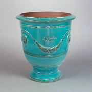 Türkizkék színű, anduze kerámiakaspó.