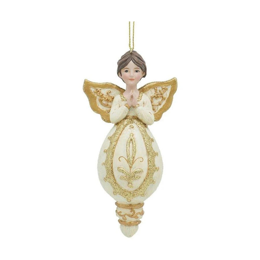 Arany és krém színárnyalatú, imádkozó angyalt ábrázoló karácsonyfadísz.