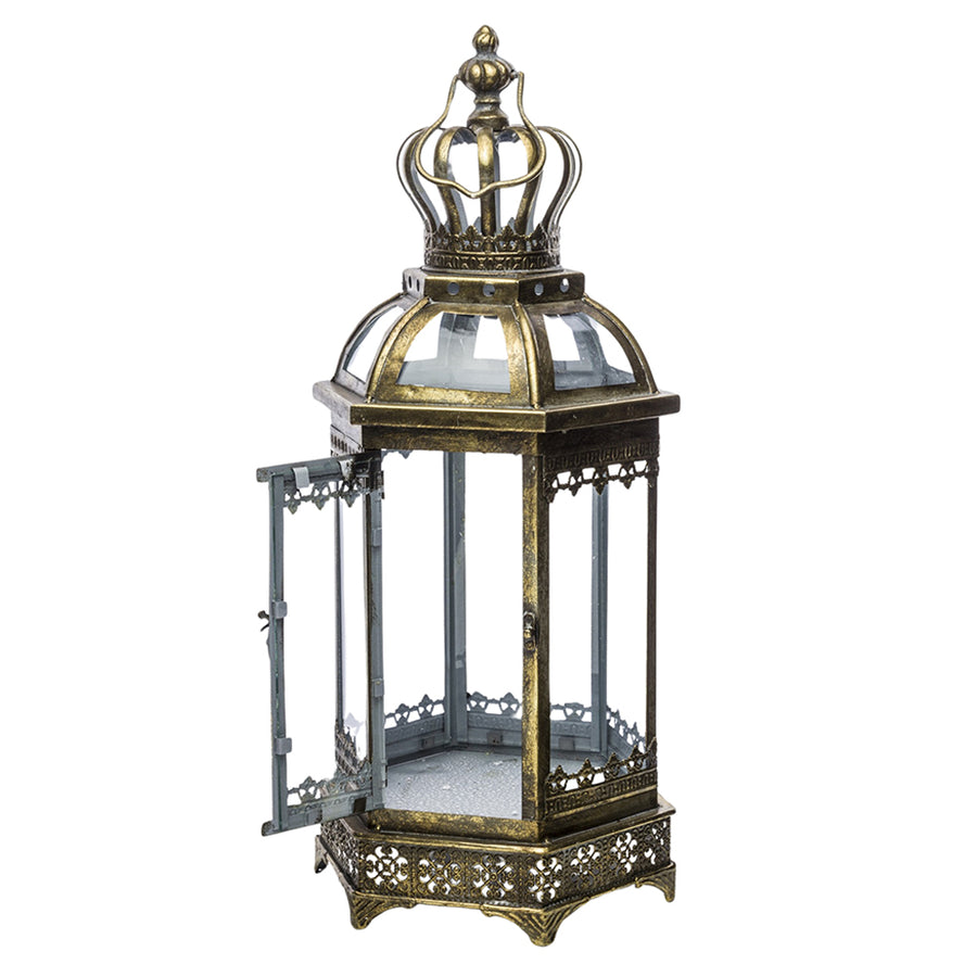 Antikolt aranyszínű fém lámpás nyitott üvegajtóval, 64 cm magas, díszes talprésszel