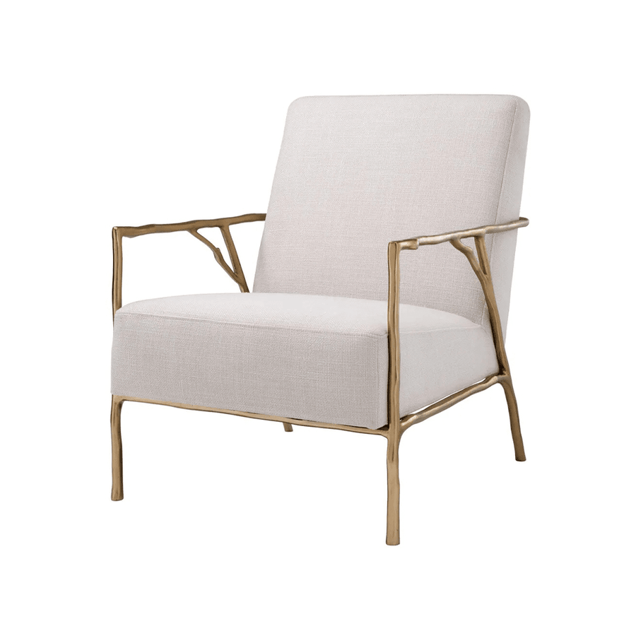 Bézs szövet design fotel arany színű, ágszerű öntöttvas vázzal, elölnézeti kép.