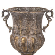 Dekoratív kialakítású, patinás felületű, aranyszínű, fém díszkaspó.