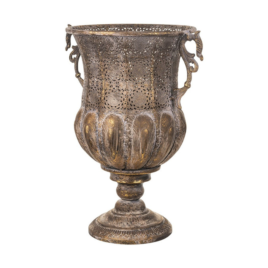 Dekoratív kialakítású, patinás felületű, aranyszínű, fém díszkaspó.