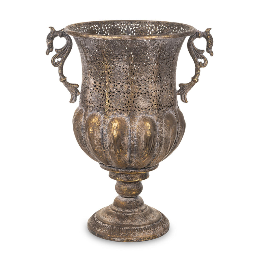 Dekoratív kialakítású, patinás felületű, aranyszínű, fém díszkaspó.