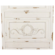 Patinás, antikolt felületű,, kazettákkal és stukkókkal díszített, fenyőfából készült krémszínű falpanel.