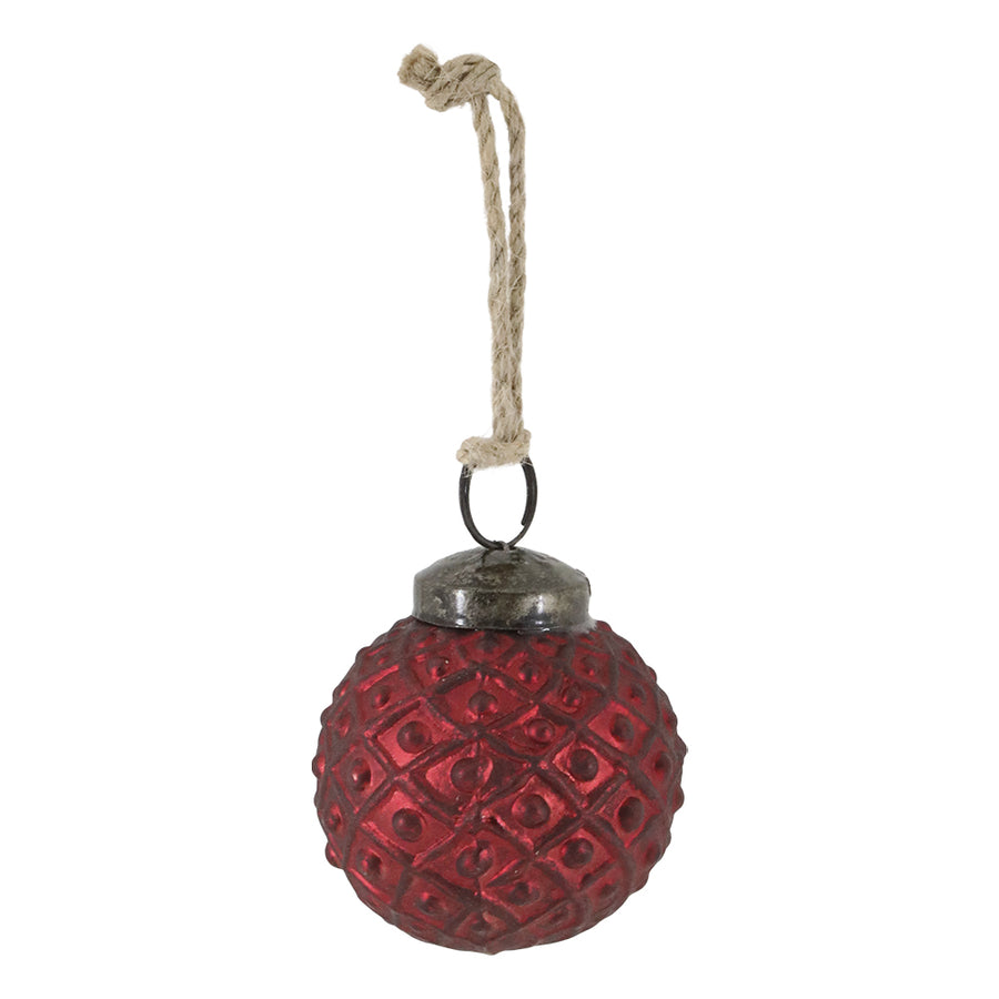 Rácsos felületű antik meggybordó üveg karácsonyfadísz vintage stílusban