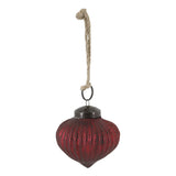 Szív formájú, bordázott antik meggybordó üveg karácsonyfadísz fém záróelemmel és juta akasztóval