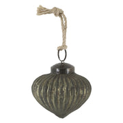 Szív formájú antik olívazöld üveg karácsonyfadísz juta akasztóval