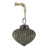 Szív formájú antik olívazöld üveg karácsonyfadísz juta akasztóval