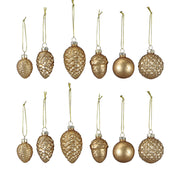 Antique arany üveg karácsonyfadísz szett 12 darabos kiszerelésben, különböző formákkal – gömb, toboz és makk mintákkal.