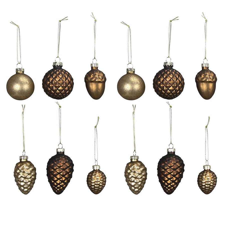 Antique bronz üveg karácsonyfadísz szett 12 darabos kiszerelésben, különböző formákkal – gömb, toboz és makk mintákkal.