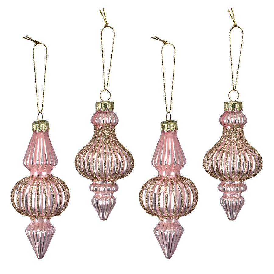 SHINY 4 db-os pink üveg karácsonyfadísz szett 12 és 15 cm-es aranyló ornamentekkel