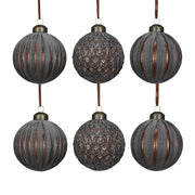 Antique 6 db-os barna üveg karácsonyfadísz szett, bronz árnyalatú, strukturált felületű vintage gömbdíszek.