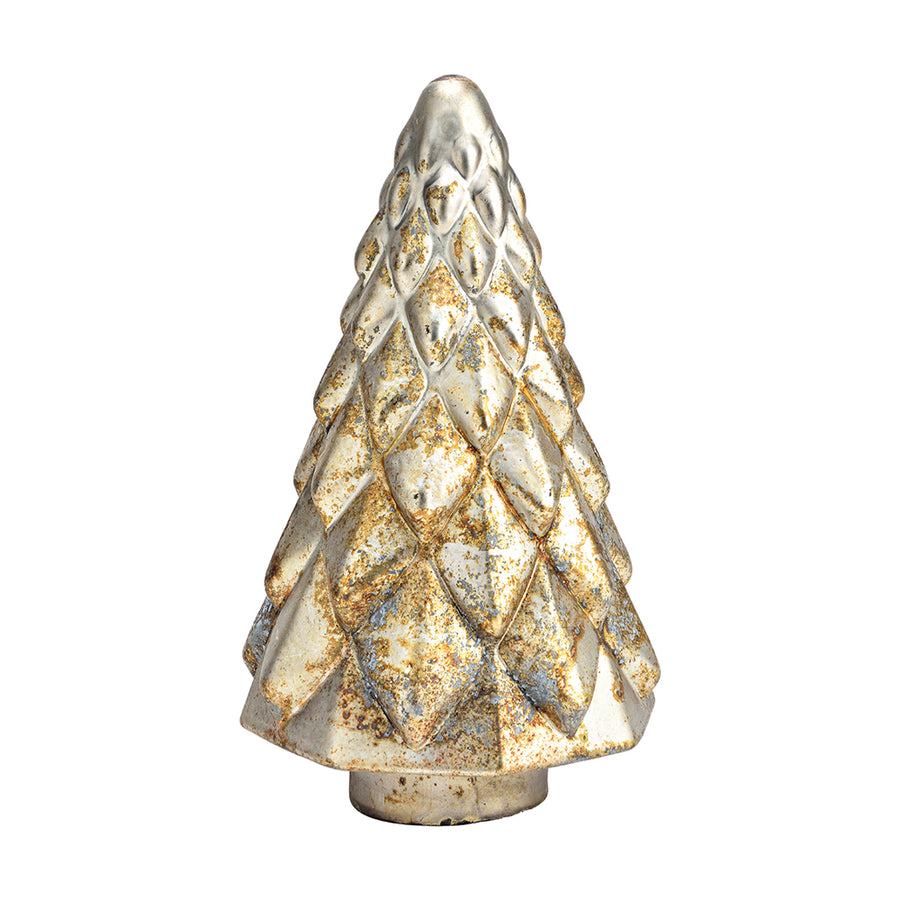 Aranyszínű, üvegből készült fenyőfa dísz.