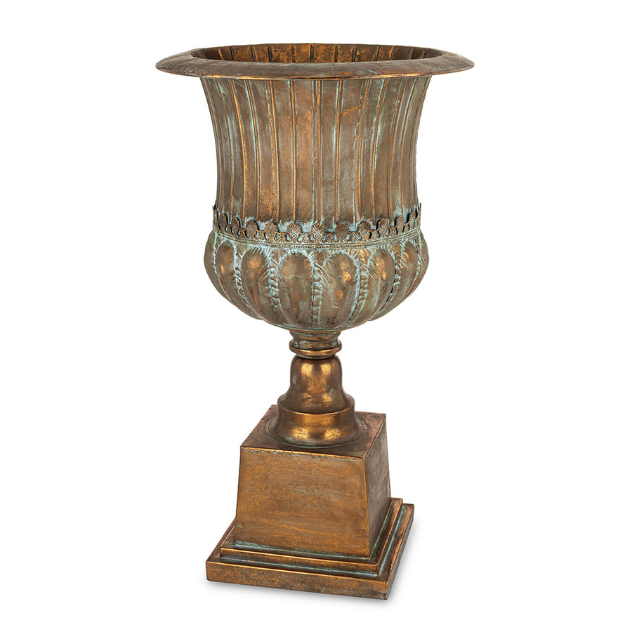 Antique Metals antik rézszínű fém kaspó talapzattal, 75 cm magas klasszikus díszkaspó beltéri dekorációhoz.