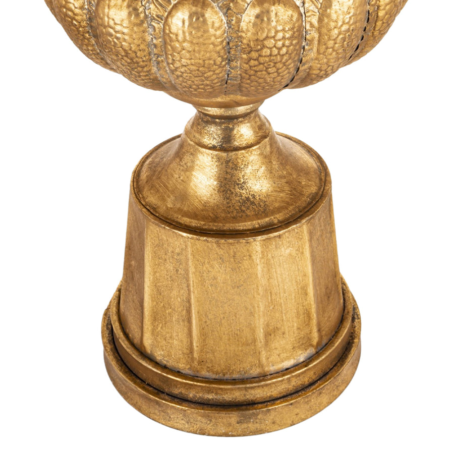 Antique Metals kaspó masszív, antik aranyszínű fém talapzata közelről, klasszikus bordázott kialakítással és patinázott felülettel.