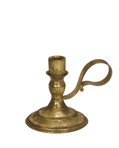 Aranyszínű, antikolt fém gyertyatartó fogantyúval, rusztikus stílusban, az Antique Metals kollekcióból, 15 cm hosszúsággal.