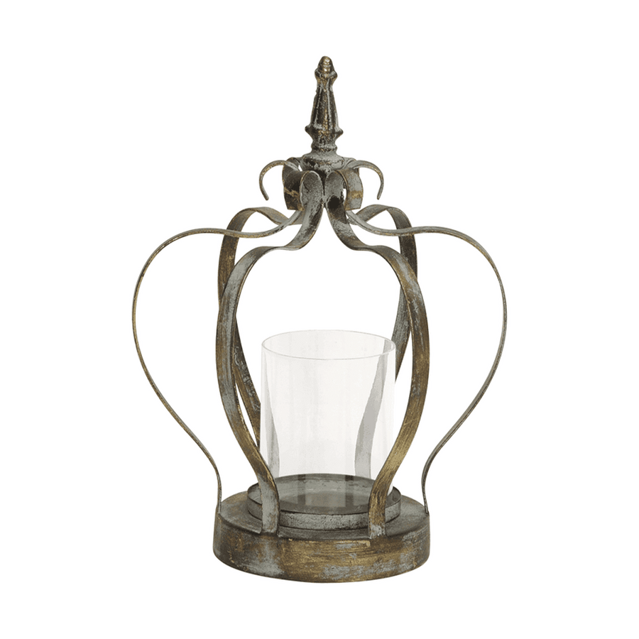 Antikolt aranyszínű, korona formájú fém lámpás üvegbúrával, rusztikus vidéki stílusban, az Antique Metals kollekcióból, 29 cm magas.