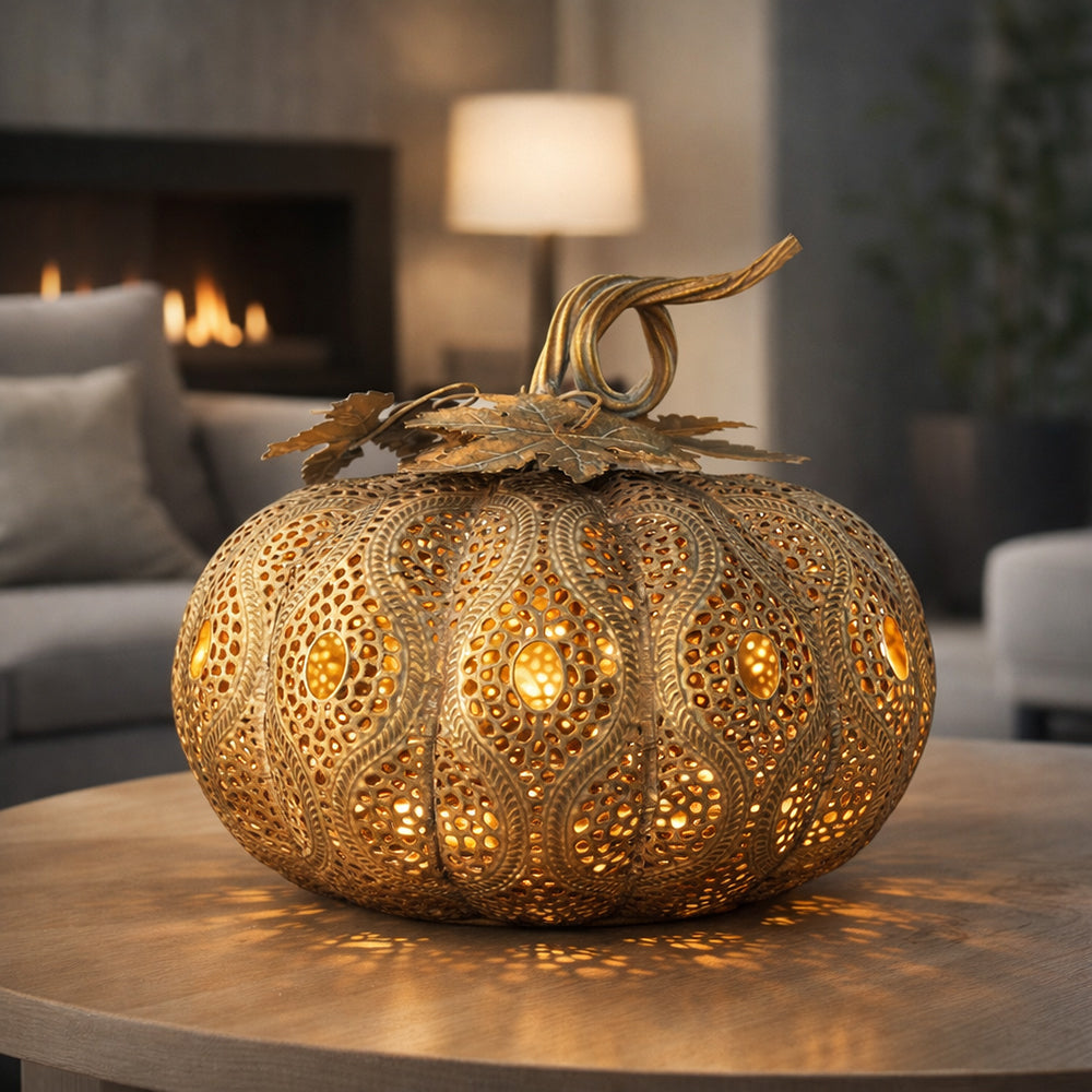 Aranyszínű áttört fém töklámpás hangulatkép – meleg fényhatással a nappaliban