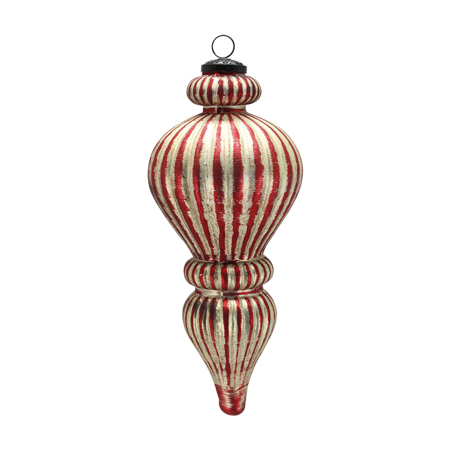 Antique nagy meggy-pezsgő üveg karácsonyfadísz 30 cm-es, tagolt formával, csúcsos véggel és fekete függesztőkarikával.