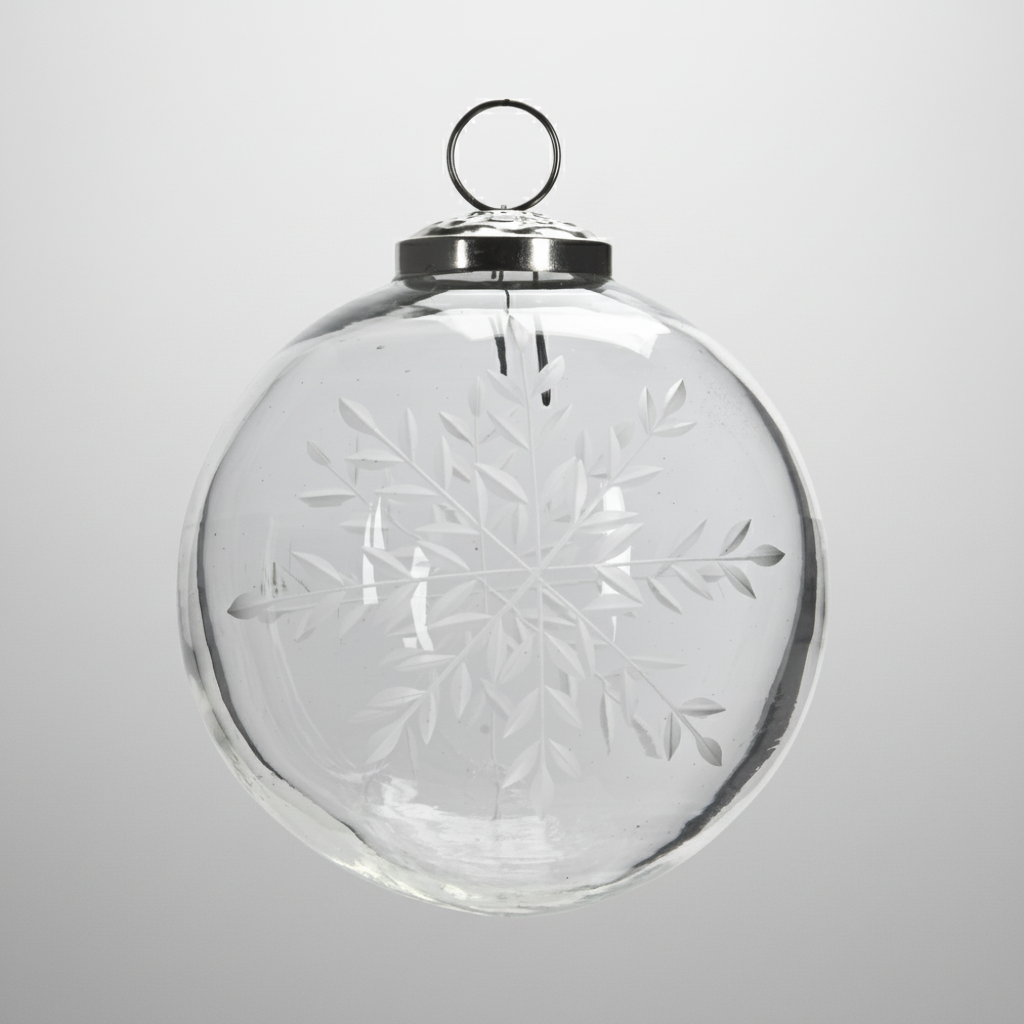 Áttetsző, 10 cm-es üveggömb karácsonyfadísz finoman maratott hópehely mintákkal, ezüst akasztóval.