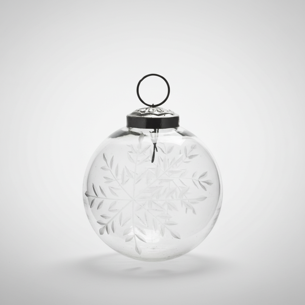 Áttetsző, 8 cm-es üveggömb karácsonyfadísz finoman maratott hópehely mintákkal, ezüst akasztóval.
