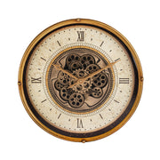 Ipari-loft stílusú, fémből készült, antikolt aranyszínű, 60 cm átmérőjű falióra