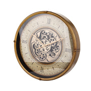 Ipari-loft stílusú, fémből készült, antikolt aranyszínű, 60 cm átmérőjű falióra