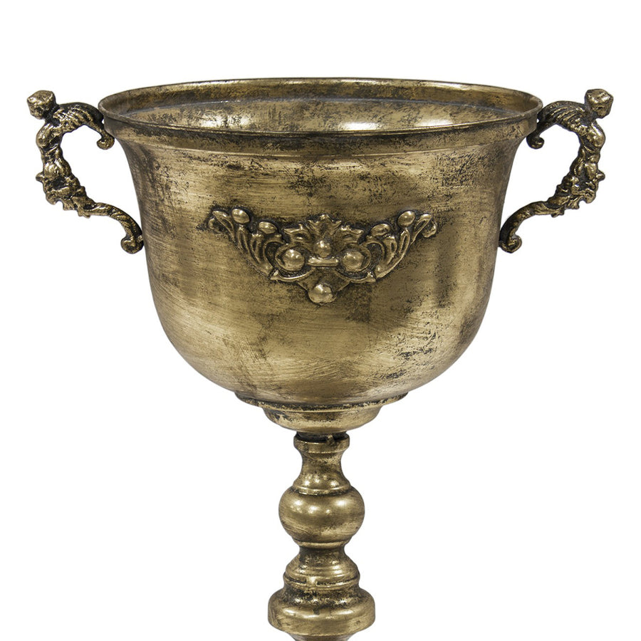 Dekoratív kialakítású, patinás felületű, aranyszínű, fém díszkaspó.