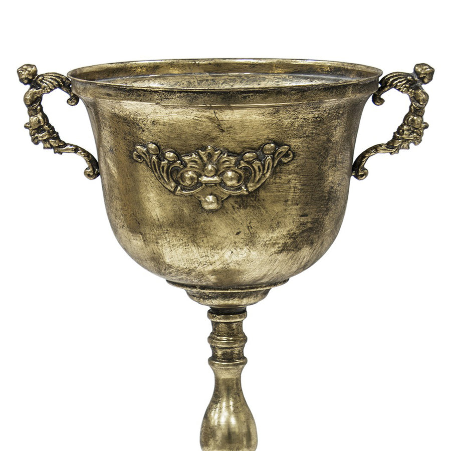 Dekoratív kialakítású, patinás felületű,, aranyszínű, fém díszkaspó.